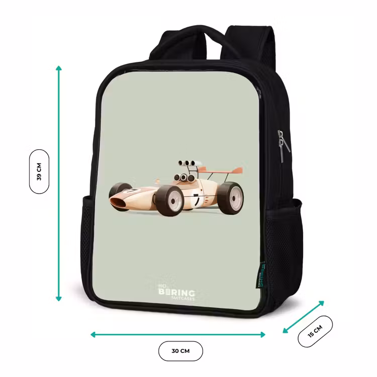Sac à dos enfant - Noir - Voiture de course rétro beige sur fond vert — 8