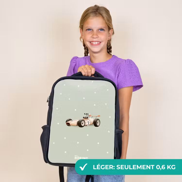 Sac à dos enfant - Noir - Voiture de course rétro beige sur fond vert à pois — 9