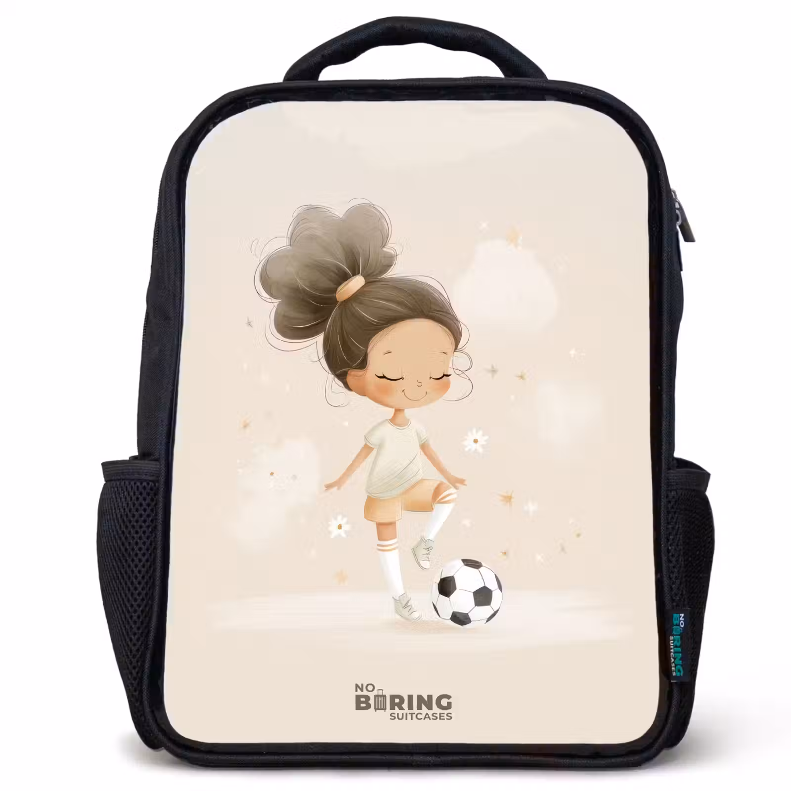 Sac à dos enfant - Noir - Fille avec un ballon de football dans des couleurs beiges — 1