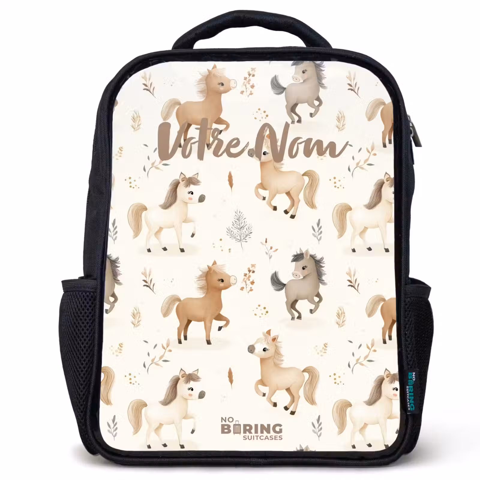 Sac à dos enfant - Noir - Motif des poulains dans les couleurs beige et marron — 1