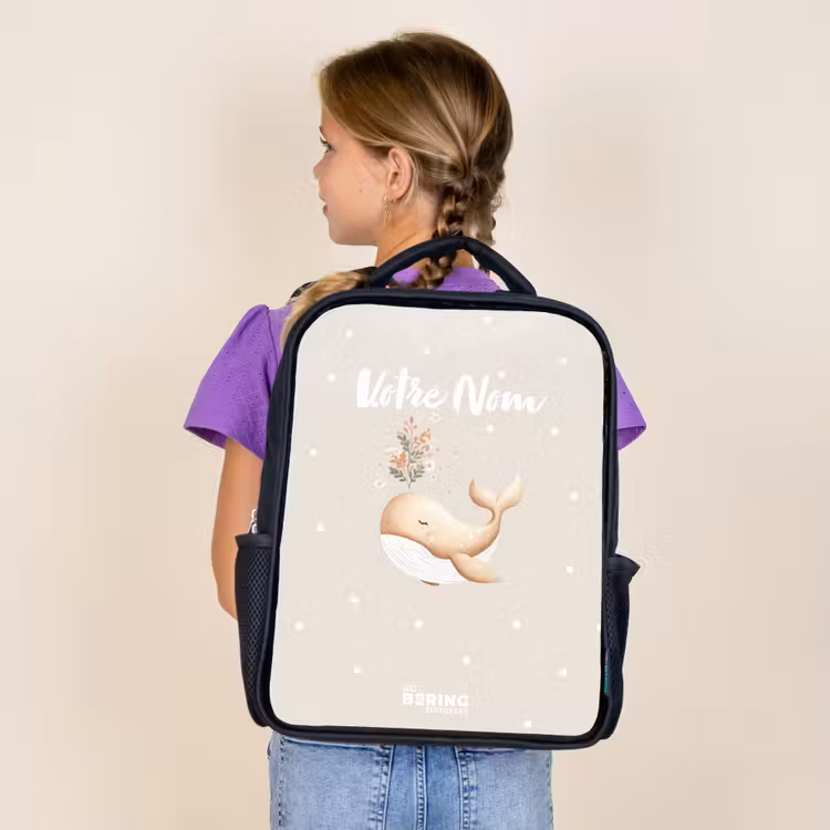 Sac à dos enfant - Noir - Baleine beige dans une mer de fleurs — 4