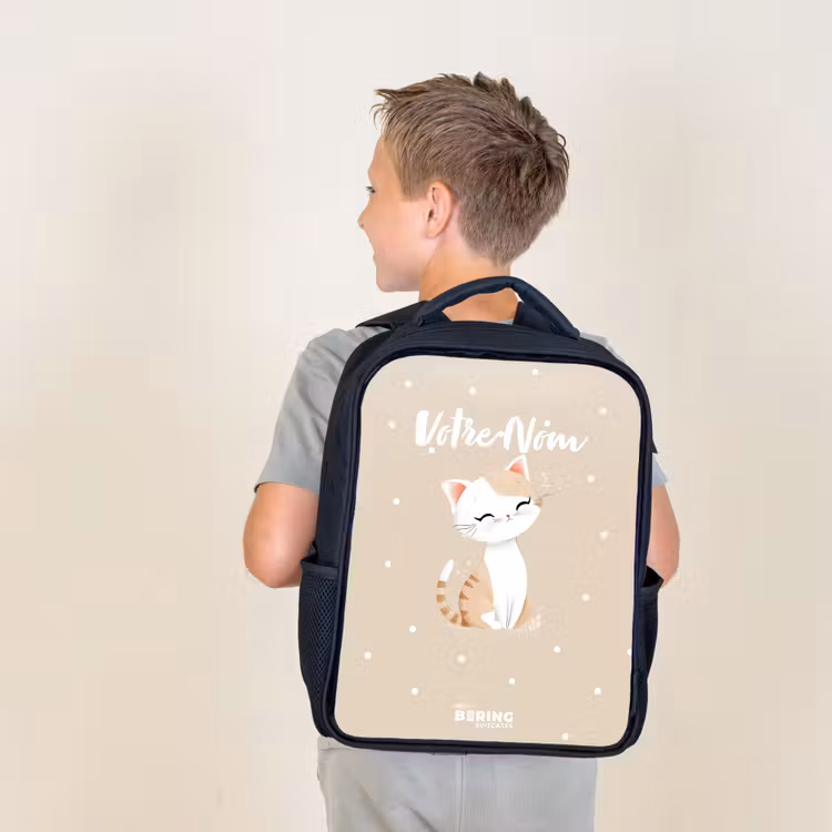 Sac à dos enfant - Noir - Chat entouré de points beiges — 2