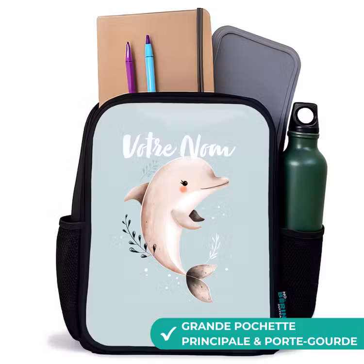 Sac à dos enfant - Noir - Dauphin beige dans l'eau bleue — 10