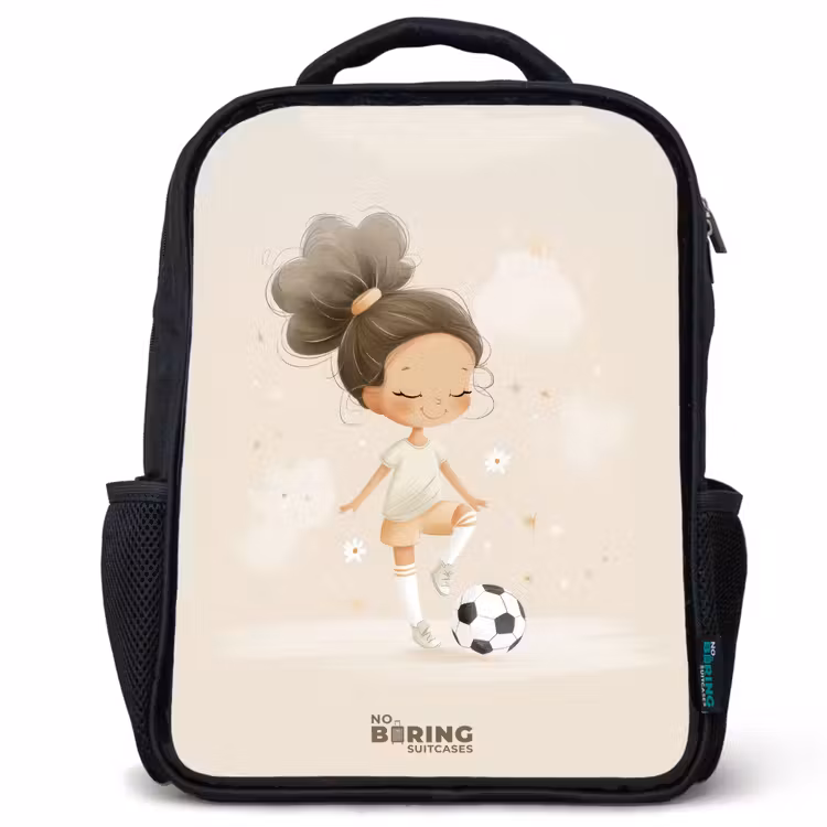 Sac à dos enfant - Noir - Fille avec un ballon de football dans des couleurs beiges — 1