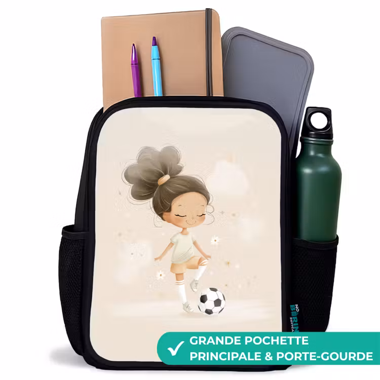 Sac à dos enfant - Noir - Fille avec un ballon de football dans des couleurs beiges — 10
