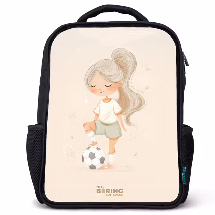 Sac à dos enfant - Noir - Fille avec un ballon de football dans des couleurs beiges — 1