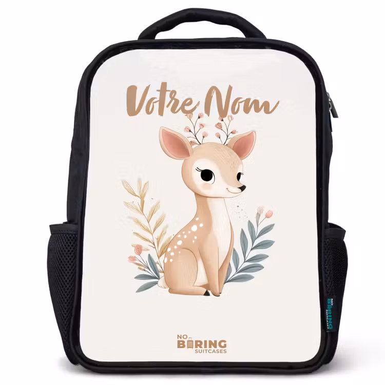 Sac à dos enfant - Noir - Petit cerf entouré de plantes dans les tons beiges — 1
