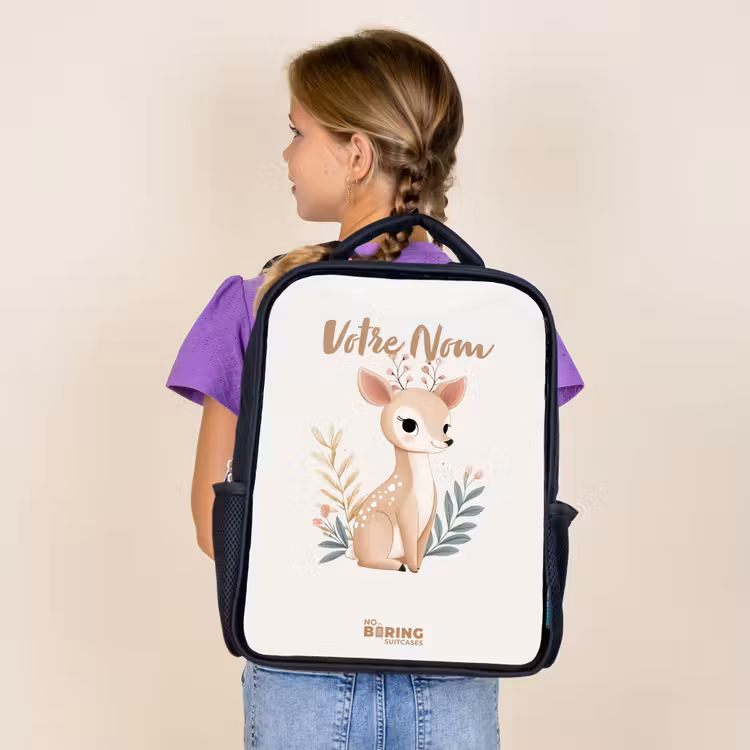 Sac à dos enfant - Noir - Petit cerf entouré de plantes dans les tons beiges — 4