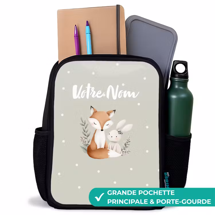 Sac à dos enfant - Noir - Renard et lapin entourés de feuilles et de points verts — 10