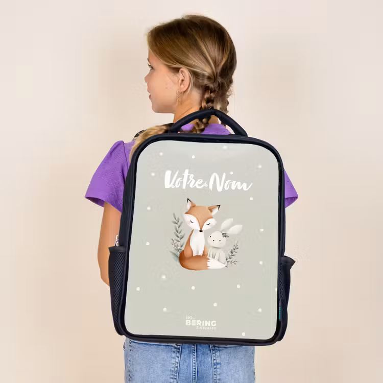 Sac à dos enfant - Noir - Renard et lapin entourés de feuilles et de points verts — 4