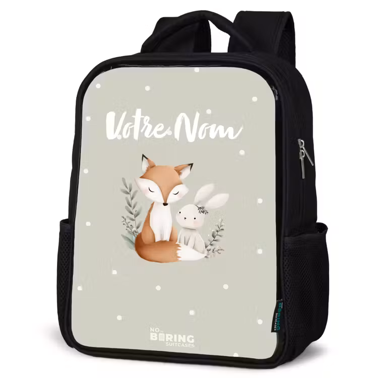 Sac à dos enfant - Noir - Renard et lapin entourés de feuilles et de points verts — 6