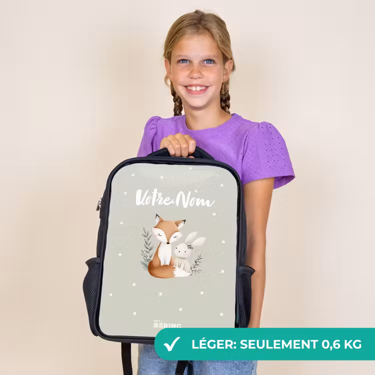 Sac à dos enfant - Noir - Renard et lapin entourés de feuilles et de points verts — 9