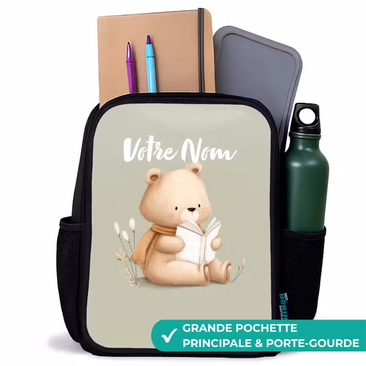 Sac à dos enfant - Noir - Un ours brun avec un livre - Vert — 10