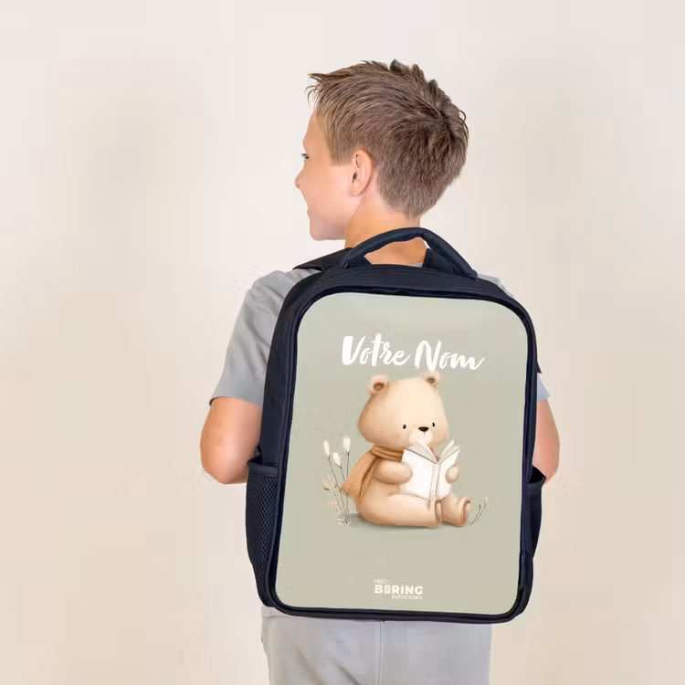 Sac à dos enfant - Noir - Un ours brun avec un livre - Vert — 2