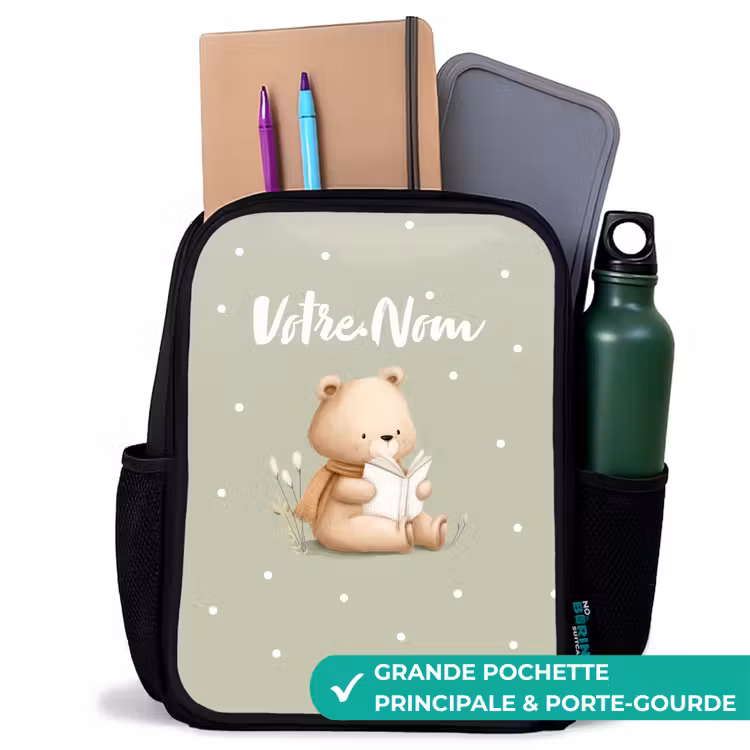 Sac à dos enfant - Noir - Un ours brun lisant un livre - Vert — 10