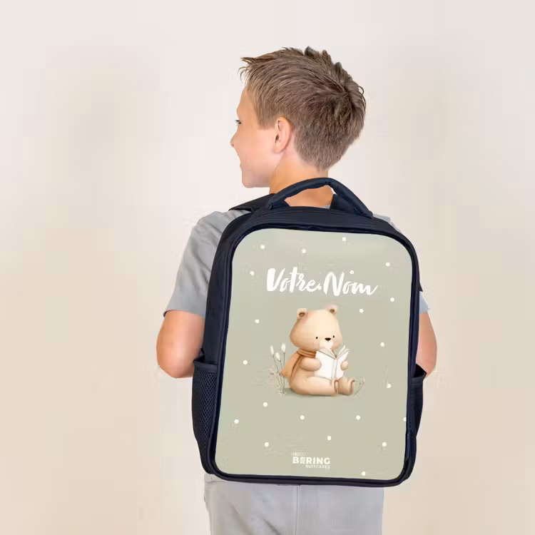 Sac à dos enfant - Noir - Un ours brun lisant un livre - Vert — 2