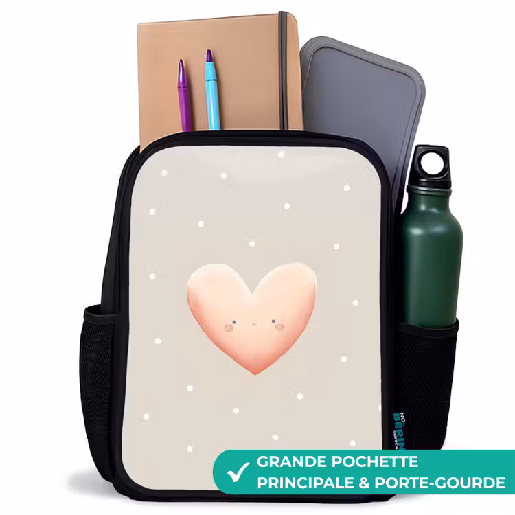 Sac à dos enfant - Noir - Coeur rose entouré de points beiges — 10