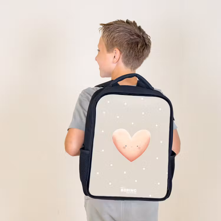 Sac à dos enfant - Noir - Coeur rose entouré de points beiges — 2