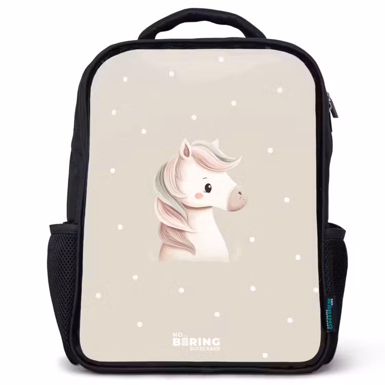 Sac à dos enfant - Noir - Licorne entourée de pois de couleur beige — 1