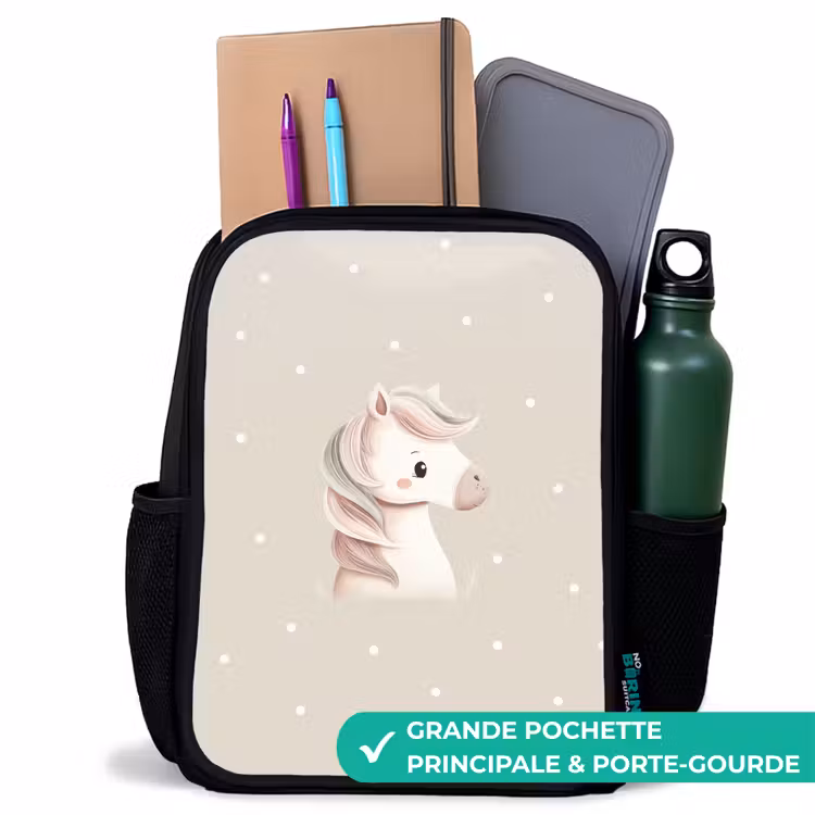 Sac à dos enfant - Noir - Licorne entourée de pois de couleur beige — 10