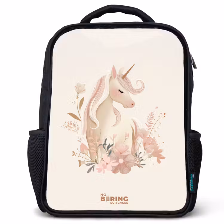 Sac à dos enfant - Noir - Licorne parmi les fleurs aux couleurs roses pastel — 1