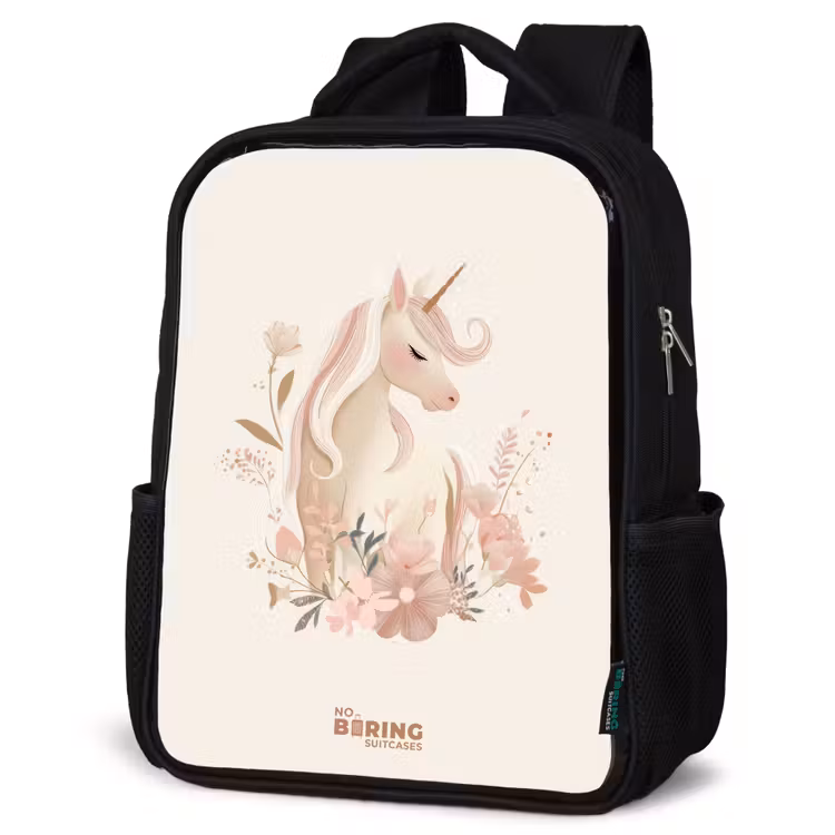Sac à dos enfant - Noir - Licorne parmi les fleurs aux couleurs roses pastel — 6