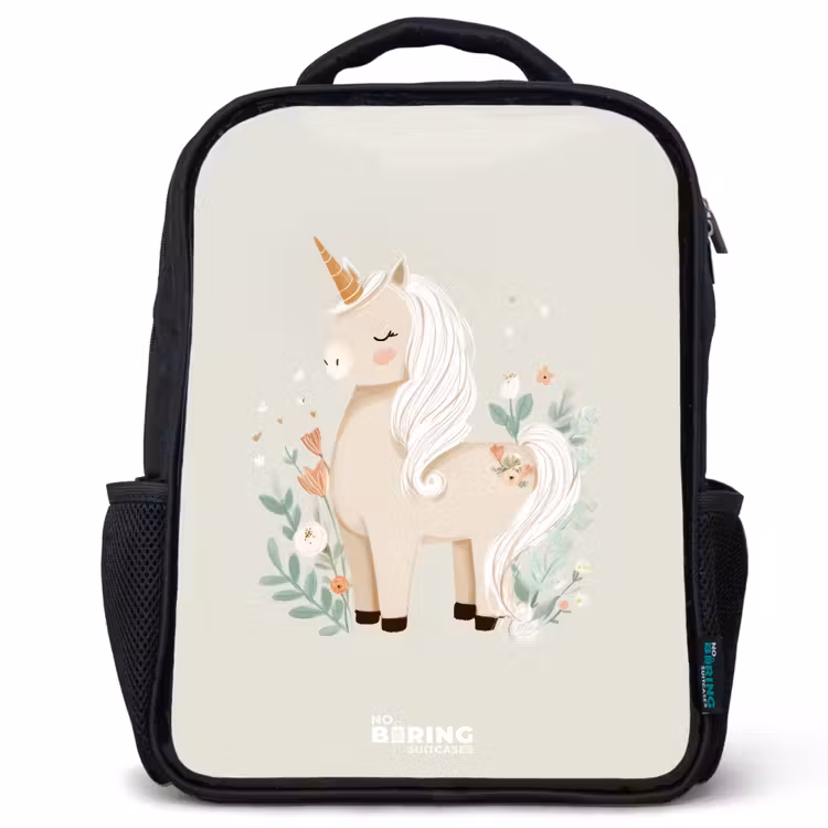 Sac à dos enfant - Noir - Licorne parmi les fleurs dans les tons beiges — 1