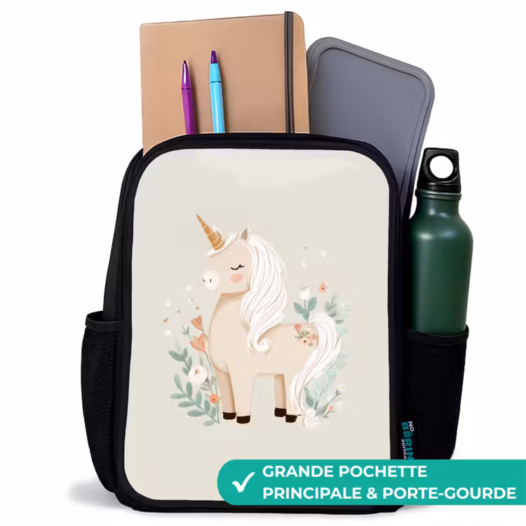 Sac à dos enfant - Noir - Licorne parmi les fleurs dans les tons beiges — 10