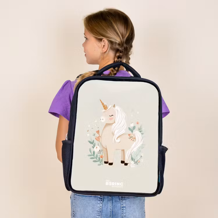 Sac à dos enfant - Noir - Licorne parmi les fleurs dans les tons beiges — 4