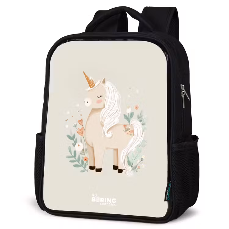 Sac à dos enfant - Noir - Licorne parmi les fleurs dans les tons beiges — 6