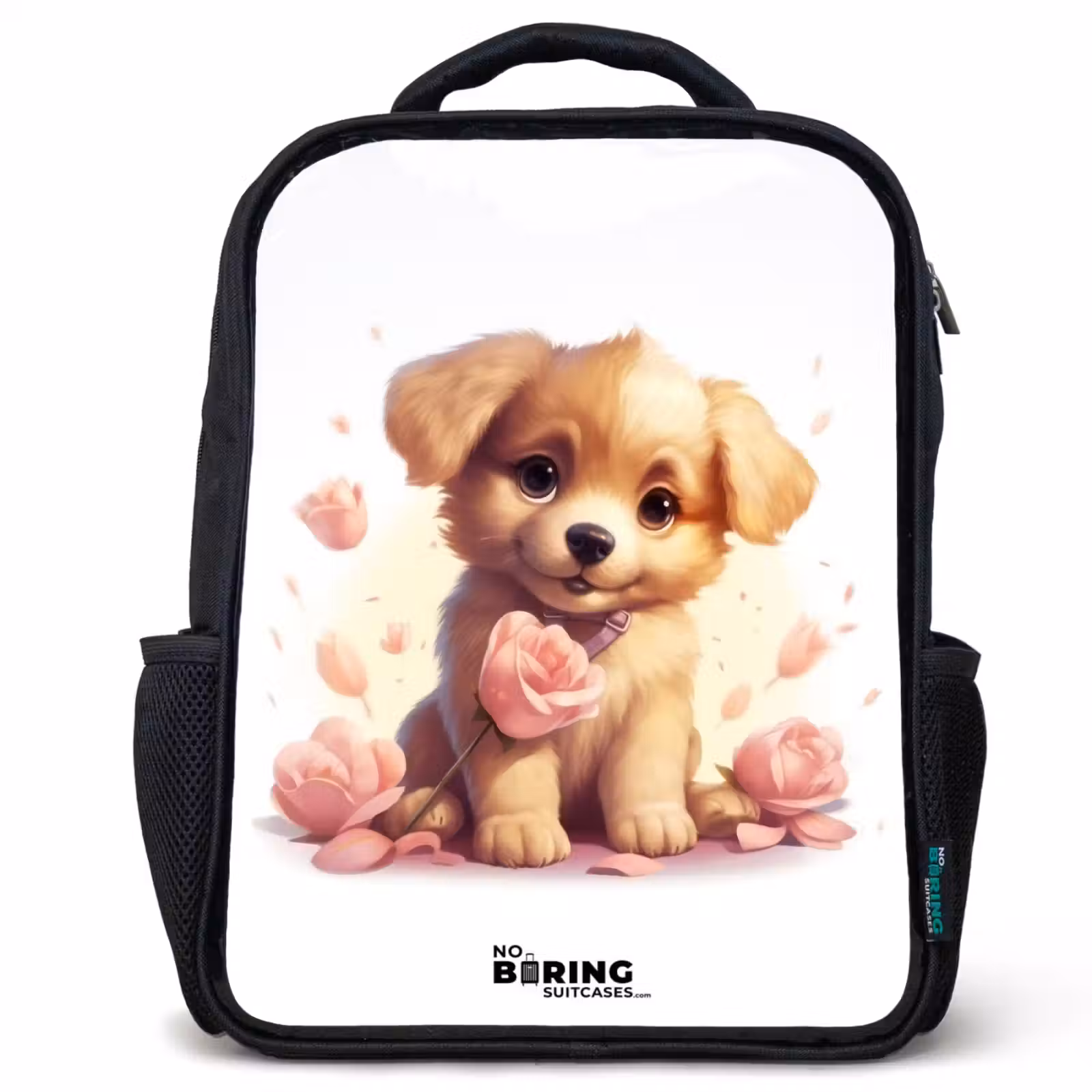 Sac à dos enfant - Noir - Chiot avec des fleurs roses — 1
