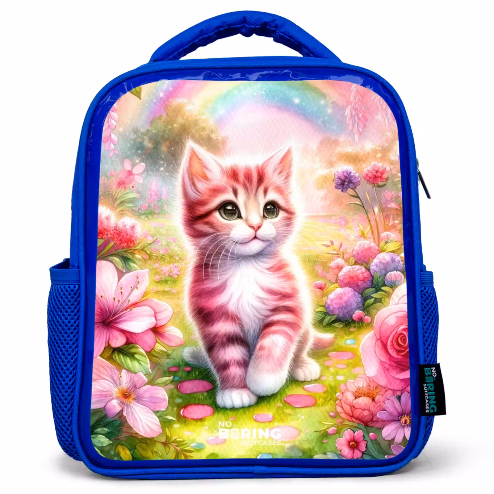 Sac à dos enfant - Bleu - Chaton avec arc-en-ciel et fleurs — 1