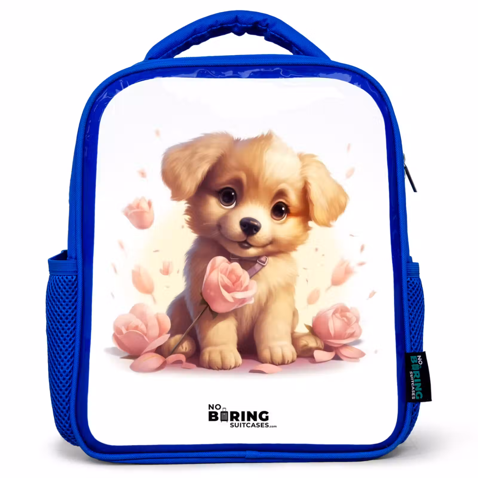 Sac à dos enfant - Bleu - Chiot avec des fleurs roses — 1
