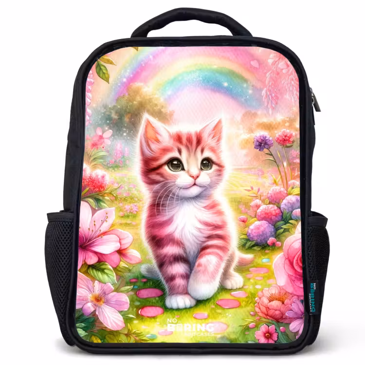 Sac à dos enfant - Noir - Chaton avec arc-en-ciel et fleurs — 1