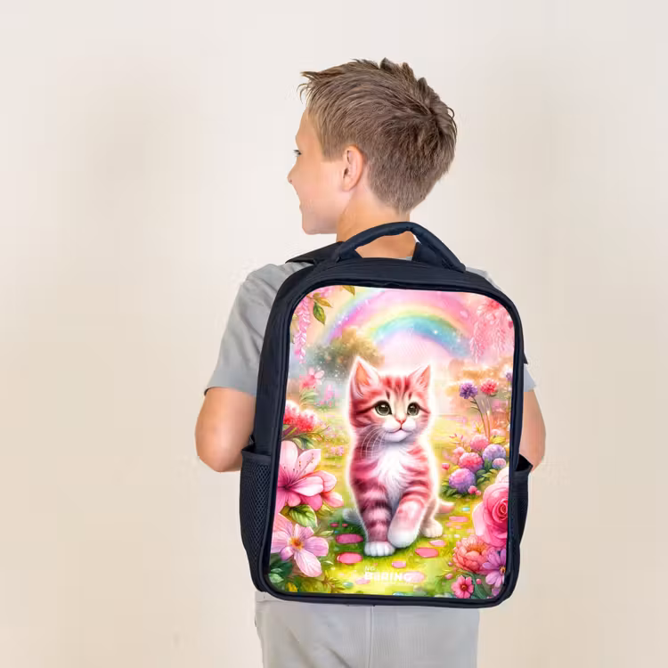 Sac à dos enfant - Noir - Chaton avec arc-en-ciel et fleurs — 2