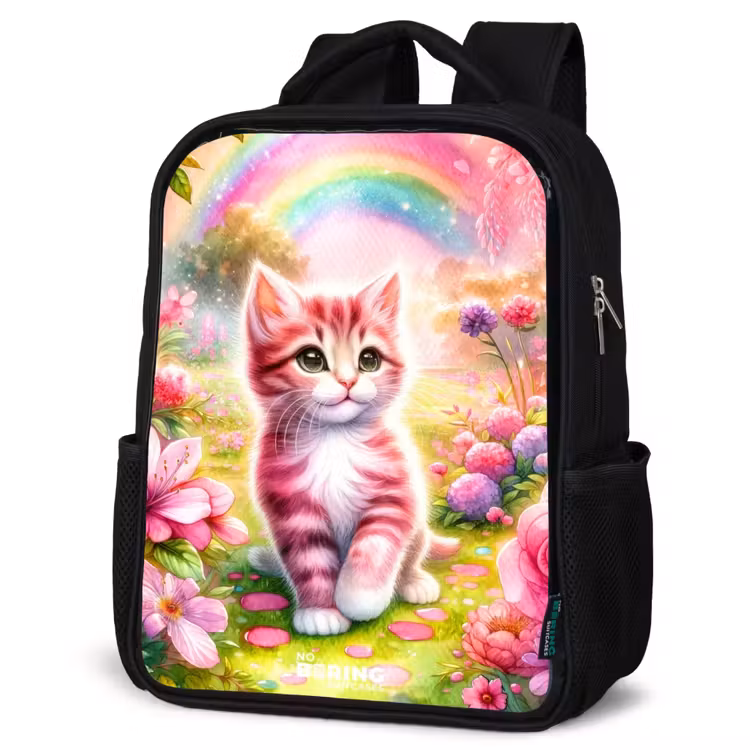 Sac à dos enfant - Noir - Chaton avec arc-en-ciel et fleurs — 6