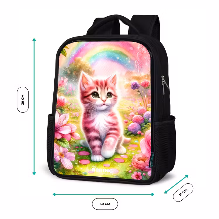 Sac à dos enfant - Noir - Chaton avec arc-en-ciel et fleurs — 8