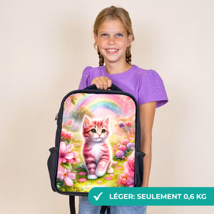 Sac à dos enfant - Noir - Chaton avec arc-en-ciel et fleurs — 9