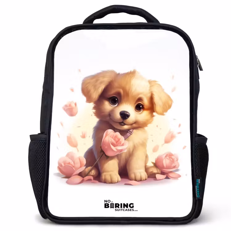 Sac à dos enfant - Noir - Chiot avec des fleurs roses — 1