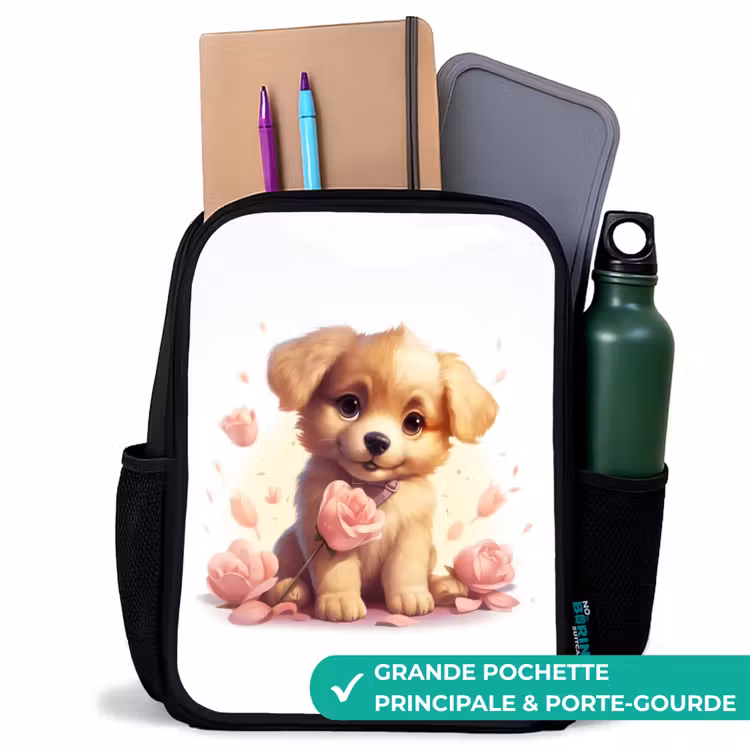 Sac à dos enfant - Noir - Chiot avec des fleurs roses — 10