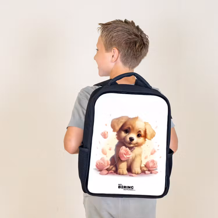 Sac à dos enfant - Noir - Chiot avec des fleurs roses — 2