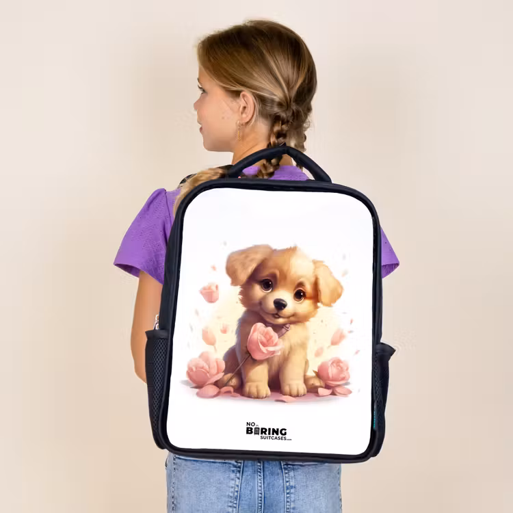 Sac à dos enfant - Noir - Chiot avec des fleurs roses — 4