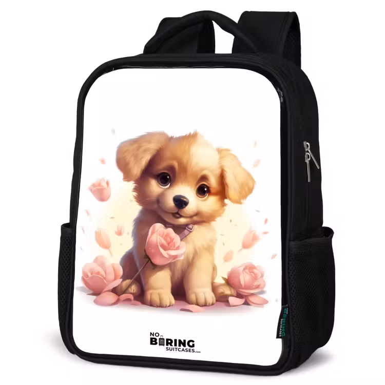 Sac à dos enfant - Noir - Chiot avec des fleurs roses — 6
