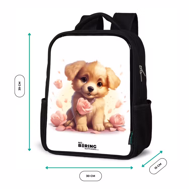 Sac à dos enfant - Noir - Chiot avec des fleurs roses — 8