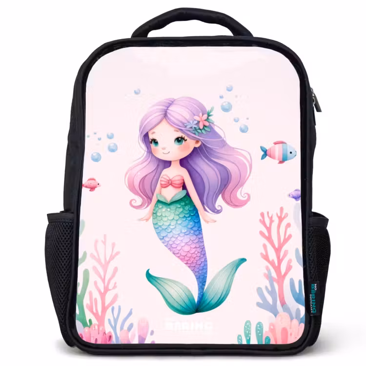 Sac à dos enfant - Noir - Sirène entourée de poissons et de coraux — 1
