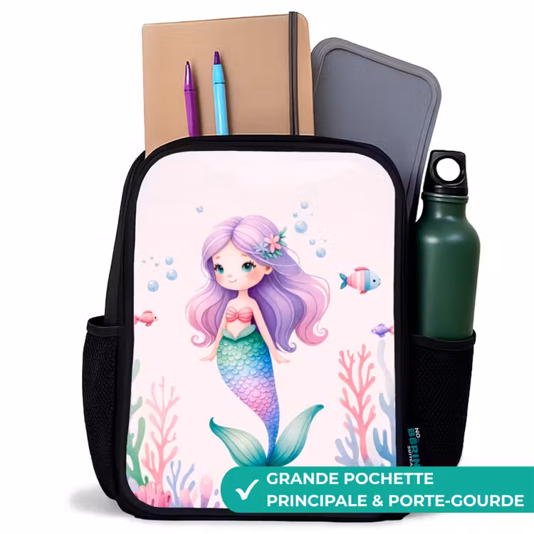 Sac à dos enfant - Noir - Sirène entourée de poissons et de coraux — 10
