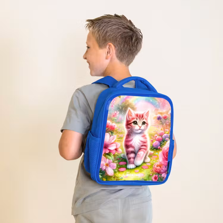 Sac à dos enfant - Bleu - Chaton avec arc-en-ciel et fleurs — 2
