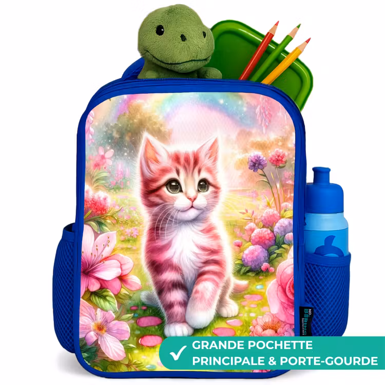 Sac à dos enfant - Bleu - Chaton avec arc-en-ciel et fleurs — 5