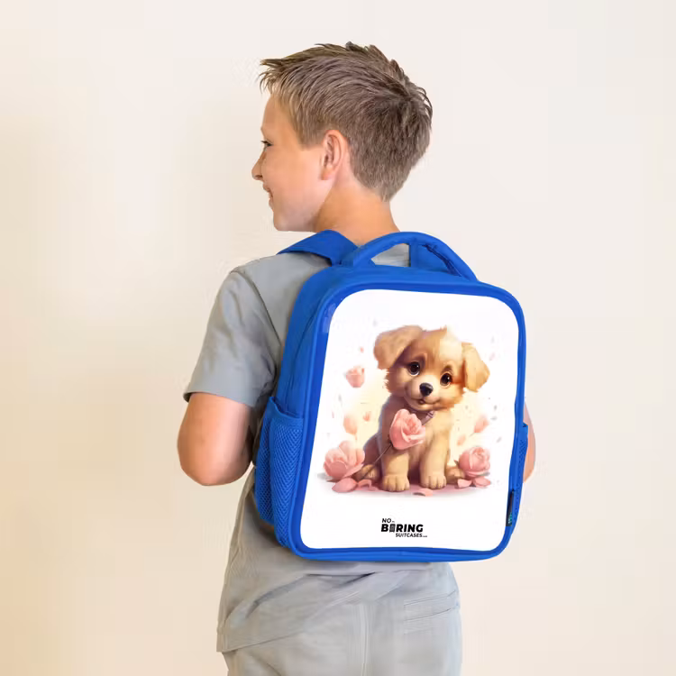 Sac à dos enfant - Bleu - Chiot avec des fleurs roses — 2