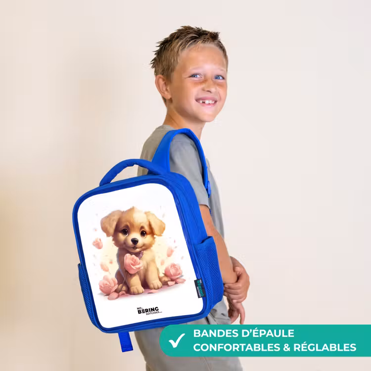 Sac à dos enfant - Bleu - Chiot avec des fleurs roses — 4